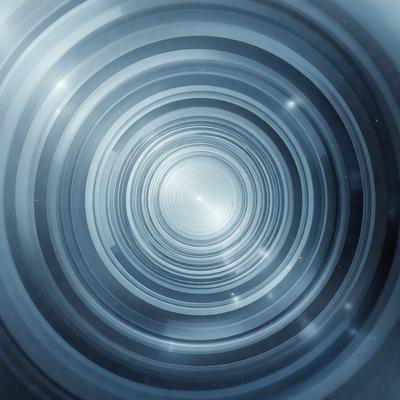 The primary subject of the image is a spiral-shaped tunnel or tube, which appears to be a futuristic or space-themed design. The setting is a dark, blue-toned environment, which adds to the overall mood of the image. The visual style is a combination of photo and digital art, creating a unique and intriguing appearance. The colors and mood of the image are predominantly dark and mysterious, with the blue hue adding a sense of depth and atmosphere.